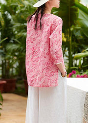 Unique v neck asymmetric linen tops women Shirts pink print blouses summer - SooLinen