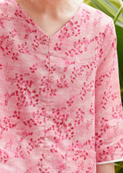 Unique v neck asymmetric linen tops women Shirts pink print blouses summer - SooLinen