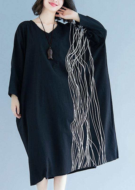 Unique v neck baggy cotton Tunics Tutorials black cotton robes Dress - SooLinen