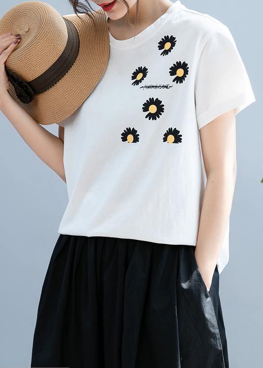 Unique white daisy print tops women o neck short blouse - SooLinen