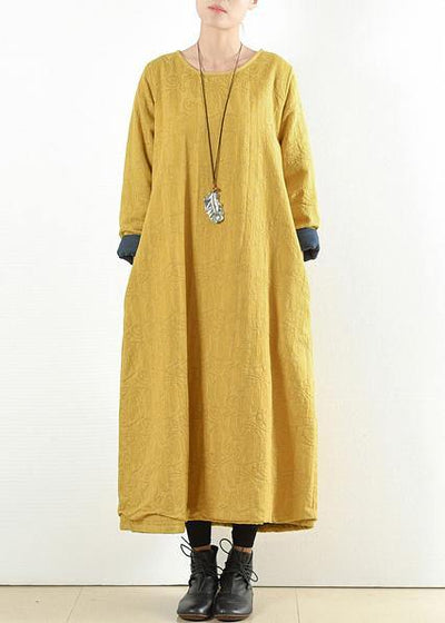 Unique yellow cotton clothes Women thick warm  Maxi o neck Dresses - SooLinen