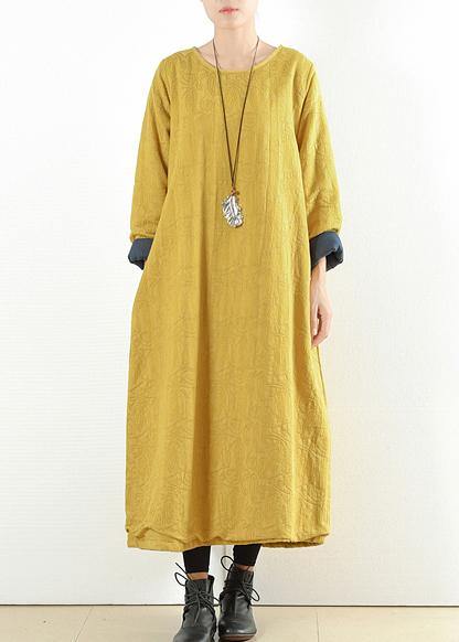 Unique yellow cotton clothes Women thick warm  Maxi o neck Dresses - SooLinen