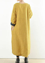 Unique yellow cotton clothes Women thick warm  Maxi o neck Dresses - SooLinen