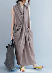 V Neck Sleeveless Loose Long Dress Casual Split Hem Solid Long Tank