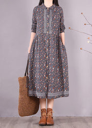 Vivid Blue Print Clothes Lapel Lace Robe Spring Dress - SooLinen