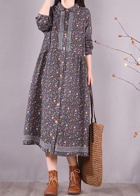 Vivid Blue Print Clothes Lapel Lace Robe Spring Dress - SooLinen