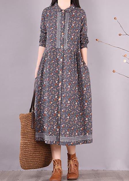 Vivid Blue Print Clothes Lapel Lace Robe Spring Dress - SooLinen