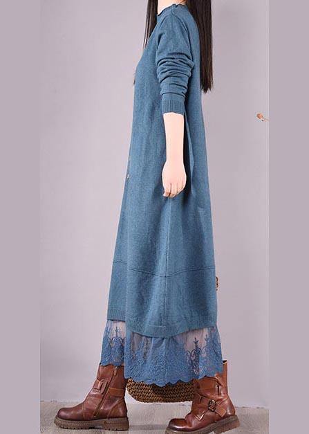 Vivid Blue Tunics O Neck Patchwork Lace Spring Dress - SooLinen