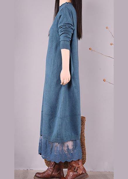 Vivid Blue Tunics O Neck Patchwork Lace Spring Dress - SooLinen