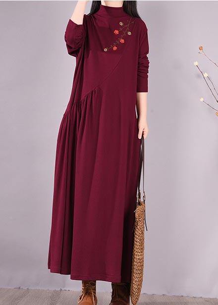 Vivid Burgundy Embroidery Tunic Pattern High Neck Cinched Spring Dress - SooLinen