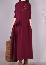 Vivid Burgundy Embroidery Tunic Pattern High Neck Cinched Spring Dress - SooLinen