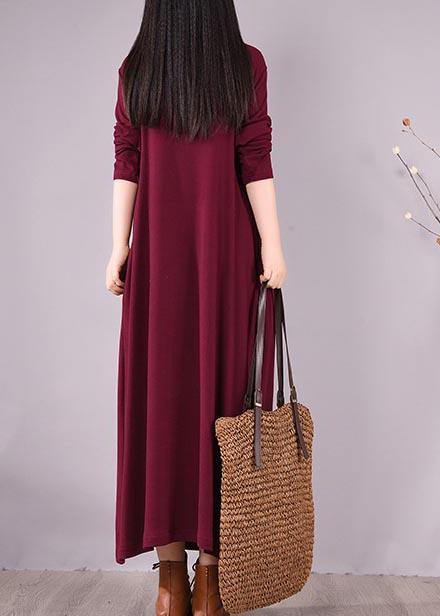 Vivid Burgundy Embroidery Tunic Pattern High Neck Cinched Spring Dress - SooLinen