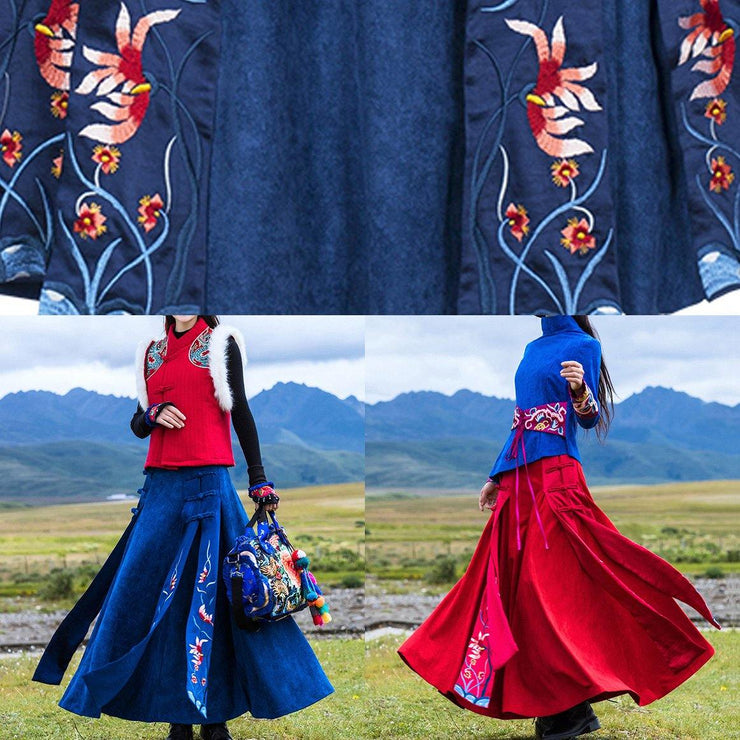 Vivid Chinese Button cotton embroidery outfit Outfits red cotton skirts - SooLinen