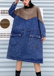 Vivid Denim Blue Clothes Women Patchwork Drawstring Robe Spring Dresses - SooLinen