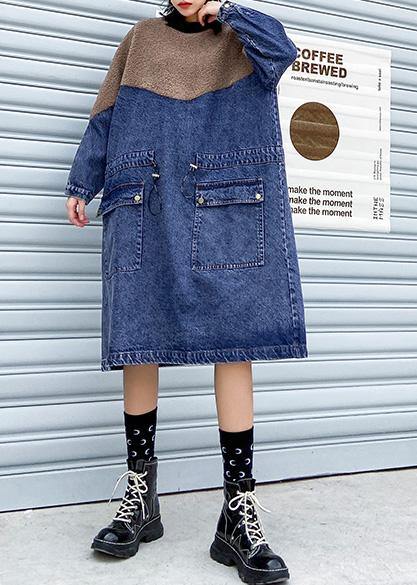 Vivid Denim Blue Clothes Women Patchwork Drawstring Robe Spring Dresses - SooLinen