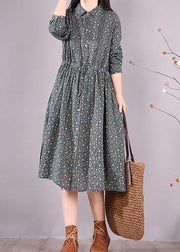 Vivid Green Print Dresses Lapel Drawstring A Line Spring Dress - SooLinen