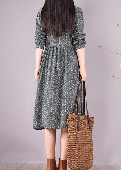 Vivid Green Print Dresses Lapel Drawstring A Line Spring Dress - SooLinen