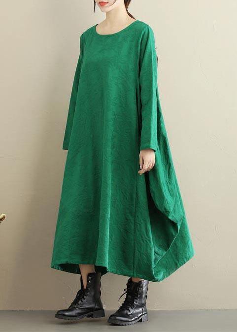 Vivid O Neck Asymmetric Spring Dress Sewing Green Jacquard Maxi Dresses - SooLinen