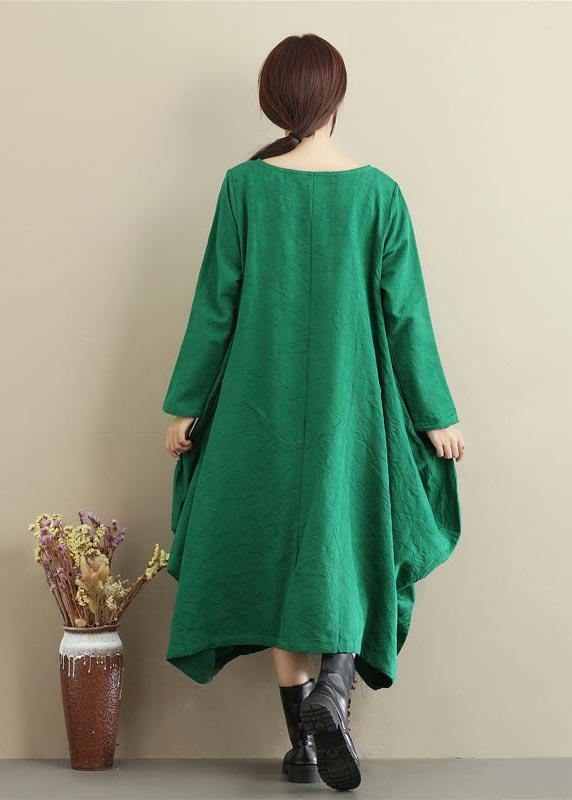 Vivid O Neck Asymmetric Spring Dress Sewing Green Jacquard Maxi Dresses - SooLinen