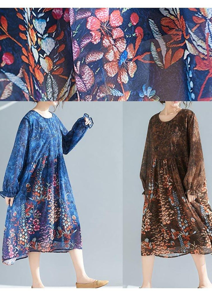 Vivid O Neck Cinched Summer Tunic Catwalk Chocolate Print Plus Size Dresses - SooLinen