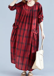 Vivid Red Plaid Tunics For Women O Neck Pockets Art Spring Dress - SooLinen