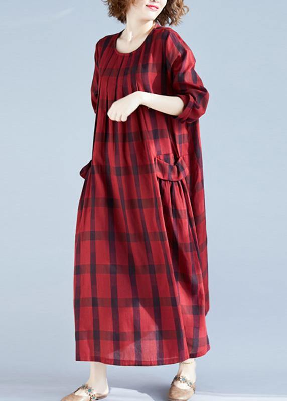 Vivid Red Plaid Tunics For Women O Neck Pockets Art Spring Dress - SooLinen