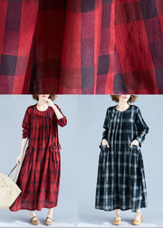 Vivid Red Plaid Tunics For Women O Neck Pockets Art Spring Dress - SooLinen