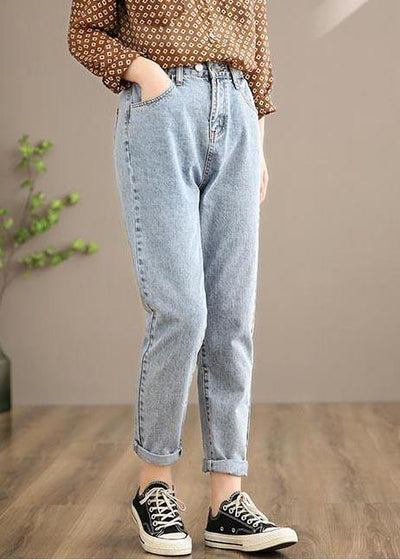 Vivid Spring Casual Pants Women's Denim Light Blue Work Outfits Elastic Waist High Waist - SooLinen