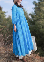 Vivid Stand Collar Cinched Spring Dresses Neckline Blue Embroidery Loose Dresses - SooLinen