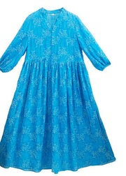 Vivid Stand Collar Cinched Spring Dresses Neckline Blue Embroidery Loose Dresses - SooLinen