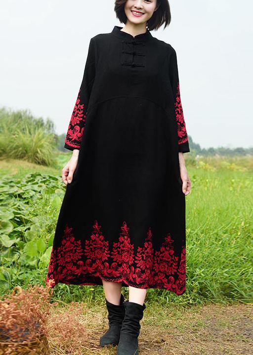 Vivid Stand Collar Spring Tunics Work Black Embroidery Long Dresses - SooLinen