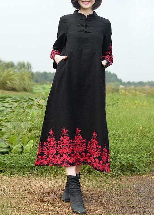 Vivid Stand Collar Spring Tunics Work Black Embroidery Long Dresses - SooLinen