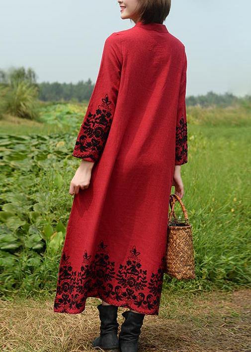 Vivid Stand Collar Spring Tunics Work Black Embroidery Long Dresses - SooLinen