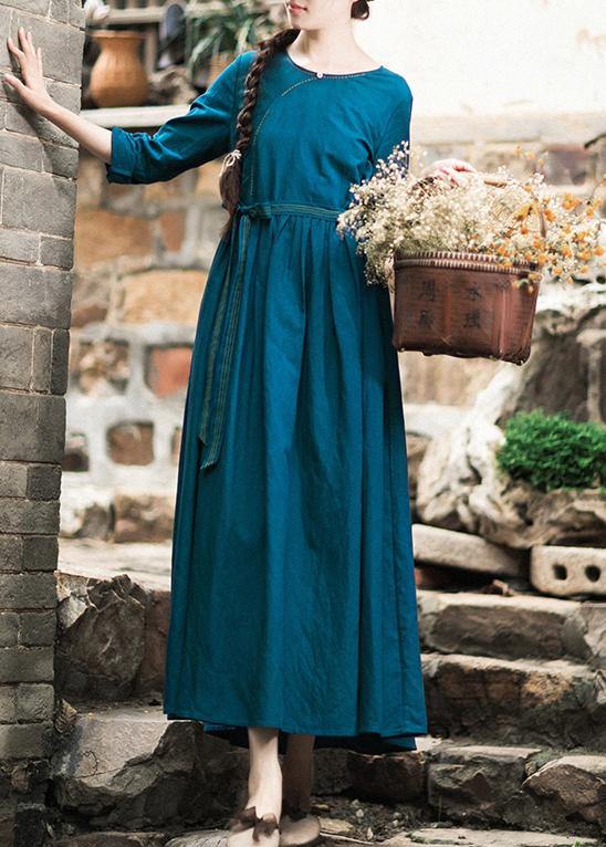 Vivid Tie Waist O Neck Spring Clothes Pattern Blue Dresses - SooLinen