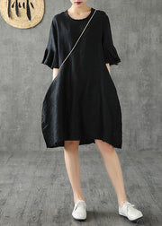 Vivid black cotton linen dresses o neck Petal Sleeve baggy Dress - SooLinen