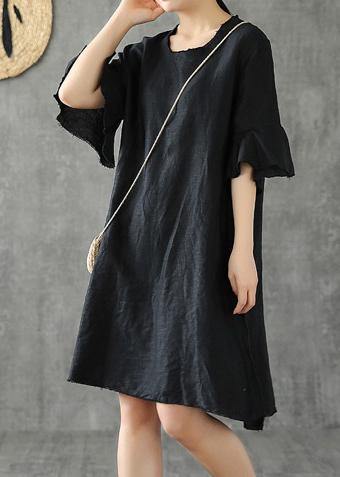 Vivid black cotton linen dresses o neck Petal Sleeve baggy Dress - SooLinen