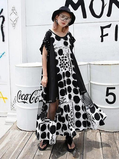 Vivid black dotted cotton Long Shirts o neck patchwork Maxi Dresses - SooLinen