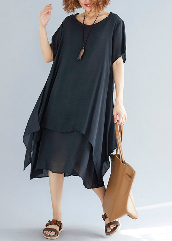 Vivid black linen-cotton tunics for women plus size Fabrics o neck asymmetric oversized Summer Dress