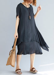 Vivid black linen-cotton tunics for women plus size Fabrics o neck asymmetric oversized Summer Dress