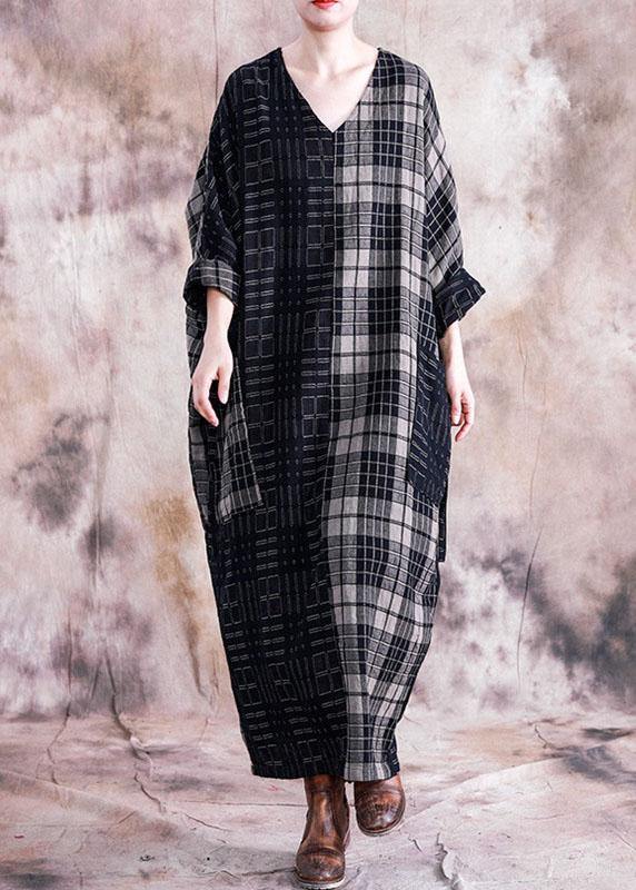 Vivid black plaid linen cotton Robes v neck tie waist Dresses fall Dresses - SooLinen