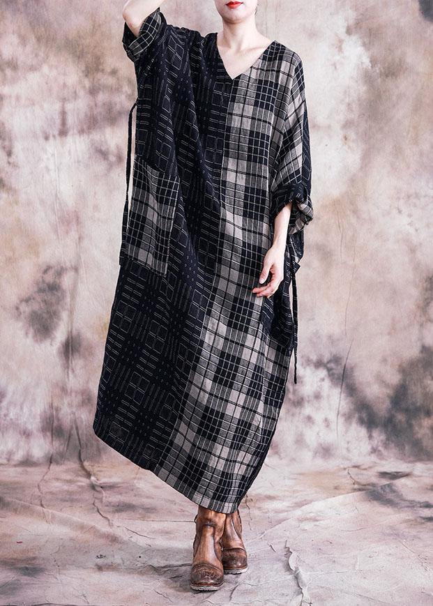 Vivid black plaid linen cotton Robes v neck tie waist Dresses fall Dresses - SooLinen