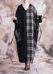 Vivid black plaid linen cotton Robes v neck tie waist Dresses fall Dresses - SooLinen