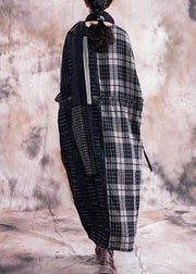 Vivid black plaid linen cotton Robes v neck tie waist Dresses fall Dresses - SooLinen