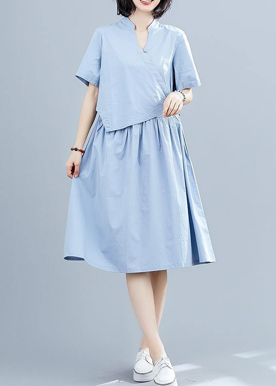 Vivid blue patchwork cotton clothes false two pieces Kaftan summer Dresses - SooLinen