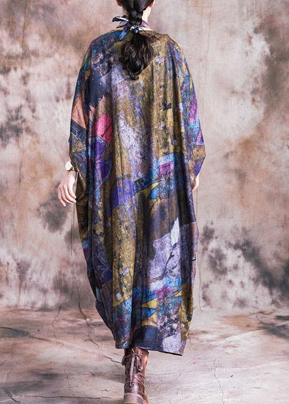 Vivid blue print cotton dress o neck Batwing Sleeve Maxi fall Dress - SooLinen