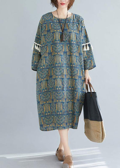 Vivid blue print linen clothes o neck tassel long spring Dresses - SooLinen