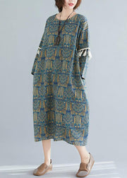 Vivid blue print linen clothes o neck tassel long spring Dresses - SooLinen