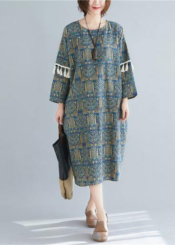 Vivid blue print linen clothes o neck tassel long spring Dresses - SooLinen