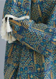 Vivid blue print linen clothes o neck tassel long spring Dresses - SooLinen