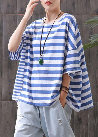 Vivid blue striped cotton Shirts Batwing Sleeve Plus Size top - SooLinen